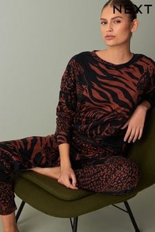 Čierno-svetlohnedý zvierací vzor - Bavlnené pyžamo s dlhými rukávmi (312206) | €20