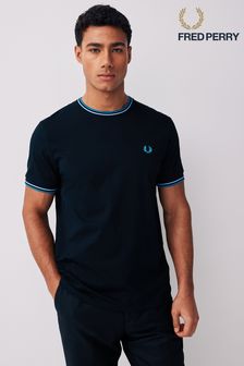 Schwarz/Helles Rauchgrau/Ozeanblau - Fred Perry T-Shirt mit doppeltem Streifen und Logo (313312) | 76 €