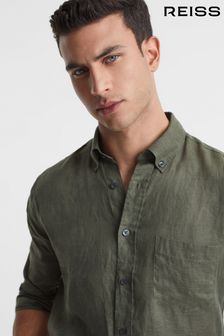 Reiss Olive Quick Slim Fit Full Sleeve Linen Button-Down Shirt (313509) | €154