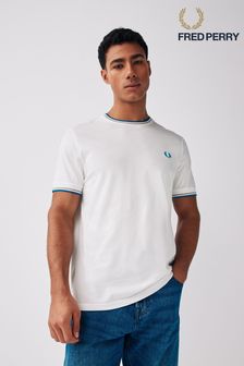 Weiß/Warmes Grau/Ozeanblau - Fred Perry T-Shirt mit doppeltem Streifen und Logo (313880) | 76 €