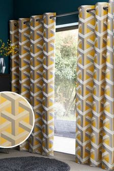 Ochre Yellow Jacquard Optical Geometric Eyelet Lined Curtains (314957) | €89 - €165