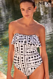 Cream/Black Spot Frill Plaited Bandeau Tummy Shaping Control Swimsuit (314994) | €39