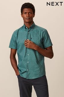 Green Geometric Easy Iron Button Down Short Sleeve Oxford Shirt (316452) | $37