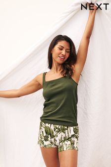 Khaki Green Cotton Blend Ribbed Vest Short Pyjamas Set (318461) | €12