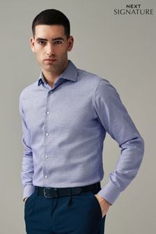 海軍藍/白色織紋 - 經典超級免熨燙單袖頭一字后斜領襯衫 (319289) | NT$1,830