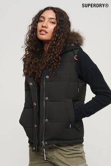 Superdry Black Everest Faux Fur Puffer 100% Cotton Gilet (319782) | $163