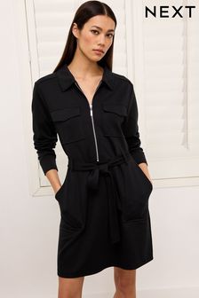 Black Mini Long Sleeve Soft Slinky Belted Dress (319806) | $64