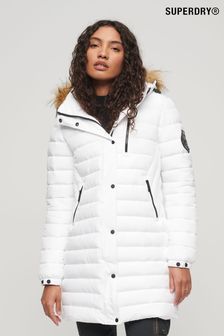 Superdry White Fuji Hooded Mid Length Puffer Jacket (320176) | ₪ 553