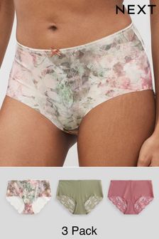 Pink Floral/Pink Rose/Sage Green Midi No VPL Lace Back Briefs 3 Pack (320487) | AED76