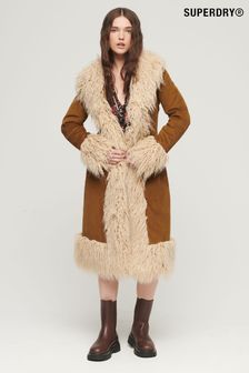 Superdry Brown Faux Fur Lined Longline Afghan Coat (320548) | $248