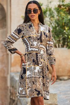 Sosandar Scarf Print Fit and Flare Ruched Sleeve Shirt Dress