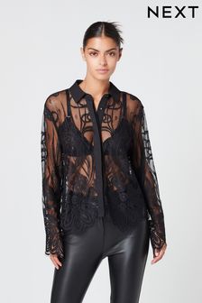 Black Lace Detailed Blouse (324087) | OMR10