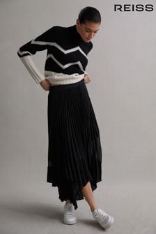 Reiss Black Dina Pleated Layered Asymmetric Midi Skirt (324188) | $297