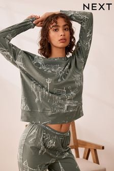 Khaki Eiffel Tower Cotton Long Sleeve Pyjamas (324332) | €23