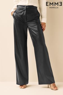 Emme by Marella Sax Faux Leather Black Wide Leg Trousers