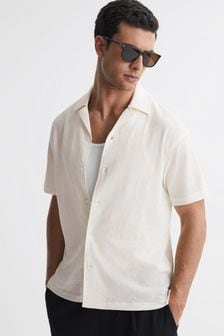 Reiss Ecru Darcy Textured Button-Through T-Shirt (327232) | 500 QAR