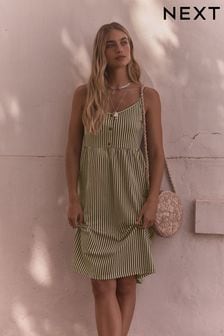 Khaki Green/White Button Down Cotton Cami Summer Dress (327323) | $40