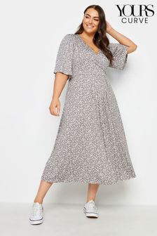 Yours Curve Grey Ditsy Floral Print Midi Wrap Dress (328799) | $75