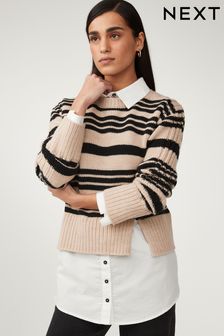 Neutral Brown Stripe Long Sleeve Shirt Layer Jumper (328924) | AED168