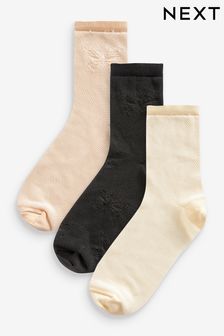 Black/Nude Cream Butterfly Textured Ankle Socks 3 Pack (330067) | LEI 63