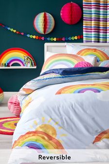 Albastru Bright Rainbow reversibile Plapuma Cover și pillowcase Set