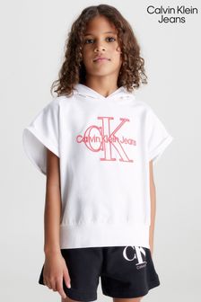 Biała dziewczęca bluza z kapturem Calvin Klein Jeans z krótkim rękawem i haftem logo (330282) | 220 zł