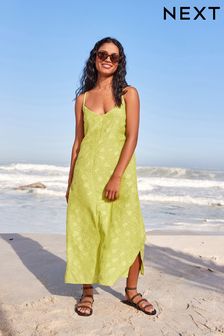 Limetino zelena teksturirana - Srednje dolga poletna obleka z V-izrezom (335136) | €16