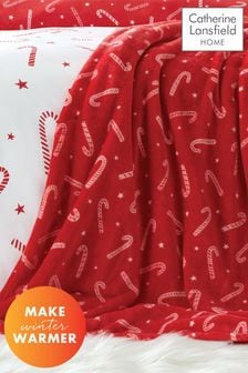 Catherine Lansfield Red Teddy Christmas Candy Cane Cosy and Warm Fleece Throw (335927) | AED89
