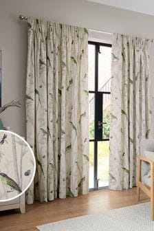 Natural Chinoiserie Bird Trail Country Luxe Pencil Pleat Lined Curtains