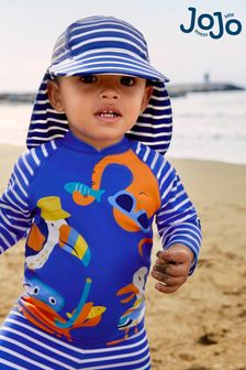 JoJo Maman Bébé Navy Kids' Stripe Flap Sun Protection Hat (337368) | $39