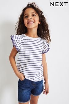 Navy Blue/White Broderie Frill Sleeve T-Shirt (3-16yrs) (337603) | €11 - €18