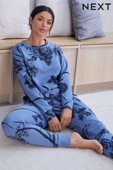 Blau mit floralem Muster - Langärmeliger Pyjama aus Baumwolle (338857) | 42 €