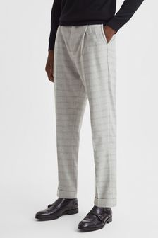 Reiss Soft Grey Ridge Slim Fit Prince of Wales Rolled Hem Trousers (340784) | $262