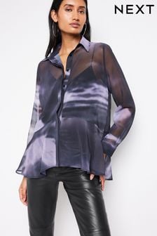 Blau/Schwarz abstrakt - Langärmelige, gemusterte Bluse mit Flattersaum (341348) | 29 €