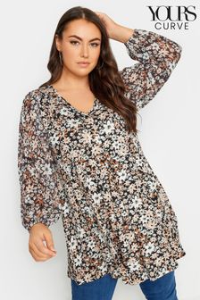 Yours Curve Black Cream Abstract Print Mesh Swing Top (341445) | LEI 155