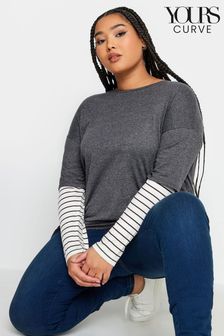 Yours Curve Grey Stripe Long Sleeve Double Layer T-Shirt (341481) | LEI 155