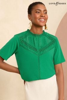Love & Roses Green Lace Trim High Neck Jersey Blouse (342052) | €38