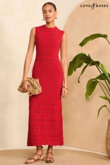 Love & Roses Red Sleeveless Crochet Stitch Knitted Midi Dress (342393) | OMR25