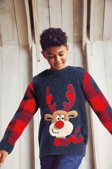 Navy Reindeer Check Sleeve Christmas Jumper (3mths-16yrs) (342741) | 11 € - 15 €