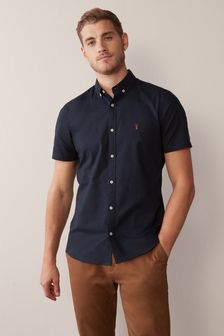 Navy Blue Skinny Fit Short Sleeve Stretch Oxford Shirt (342833) | ₪ 80