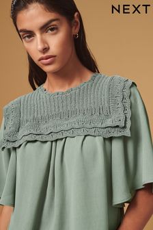 Szałwiowy - Woven Mix Ruffle Knitted Layer Jumper (343329) | 130 zł