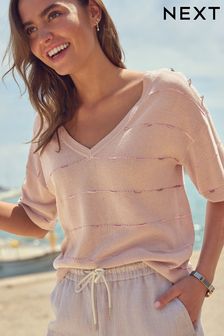 Neutral Spacedye V-Neck Gem Button Linen T-Shirt (343348) | €31