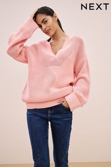 Pink V-Neck Stitch Detail Star 100% Cotton Jumper (344292) | $56