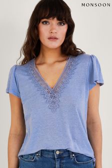 Monsoon Blue Lace V-Neck Short Sleeve Top in Linen Blend (344431) | €30