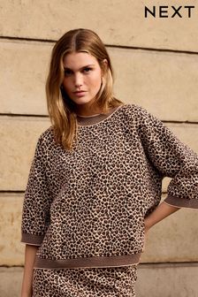 Brown Co-ord Leopard Animal Print Knitted Crew Neck T-Shirt (344843) | $45