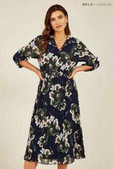 Mela Blue Floral Print Buckle Midi Dress (344947) | $65