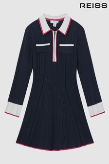 Reiss Navy Annie Junior Ribbed Colourblock Mini Dress (346562) | $108