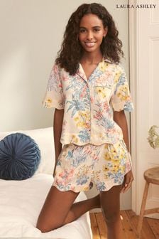 Laura Ashley Cream Megan Print Scallop Edge Cotton Button Through Pyjamas Shorts Set (346584) | ₪ 226