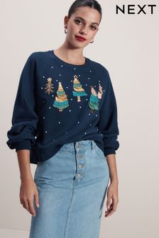 Marineblauw - Sweatshirt versierd met kwastjeskerstbomen en glinstering (346748) | €52