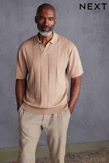 لون محايد - Knitted Premium Silk Relaxed Fit Trophy Polo Shirt (346779) | 188 ر.ق